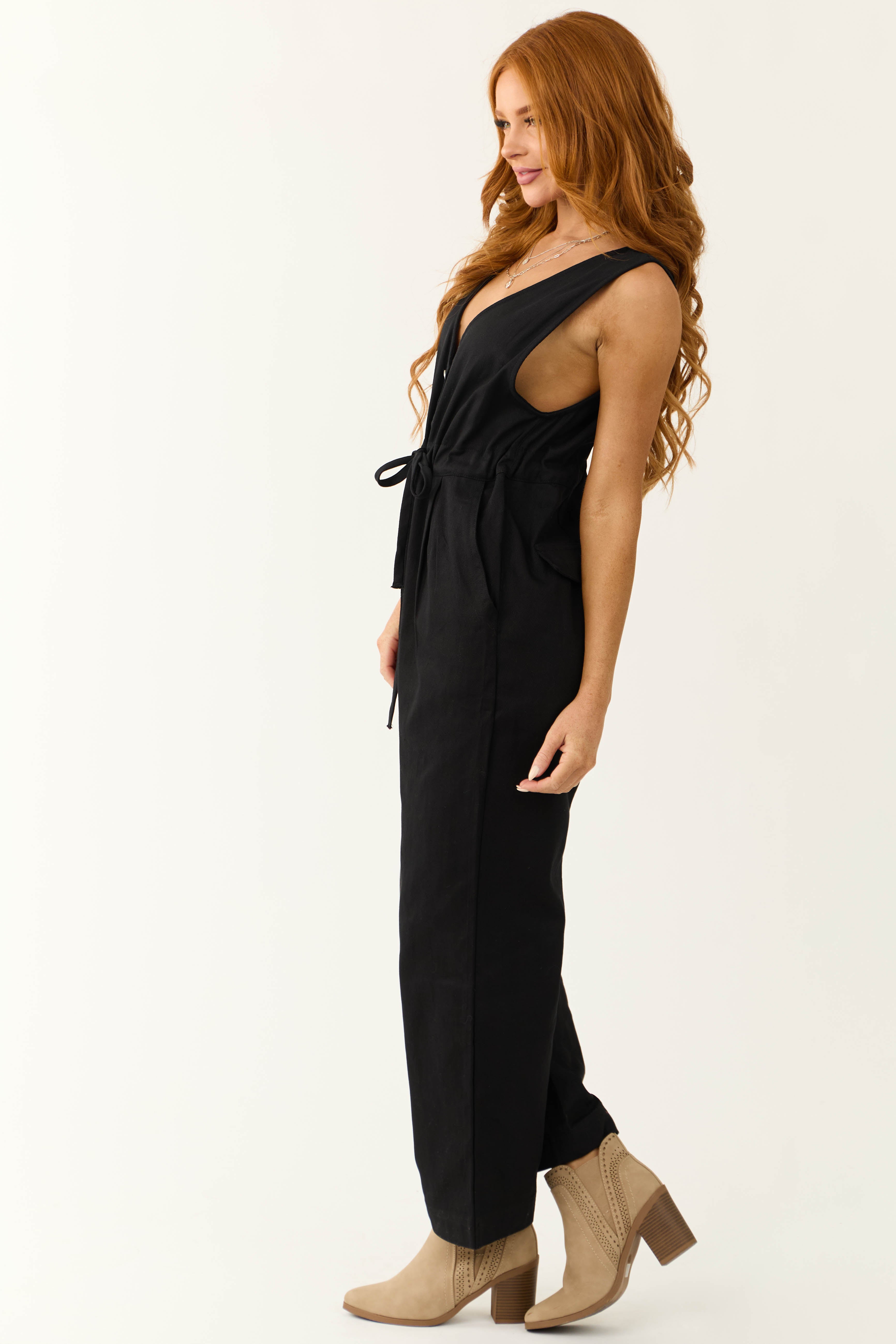 Black Sleeveless Deep V Neck Denim Jumpsuit