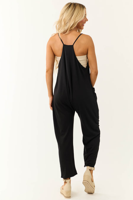 Black Sleeveless Front Pocket Loose Jumpsuit