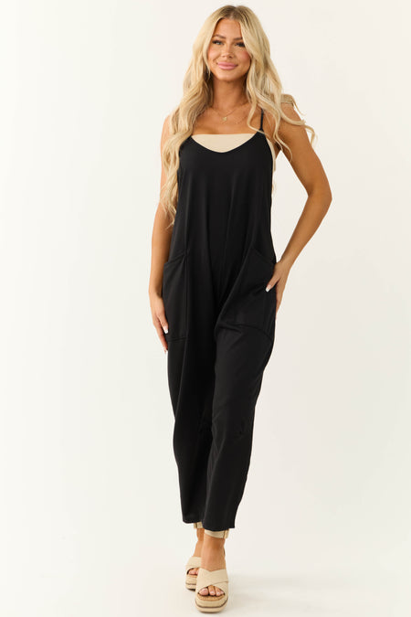 Black Sleeveless Front Pocket Loose Jumpsuit