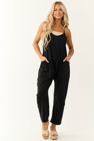 Black Sleeveless Front Pocket Loose Jumpsuit