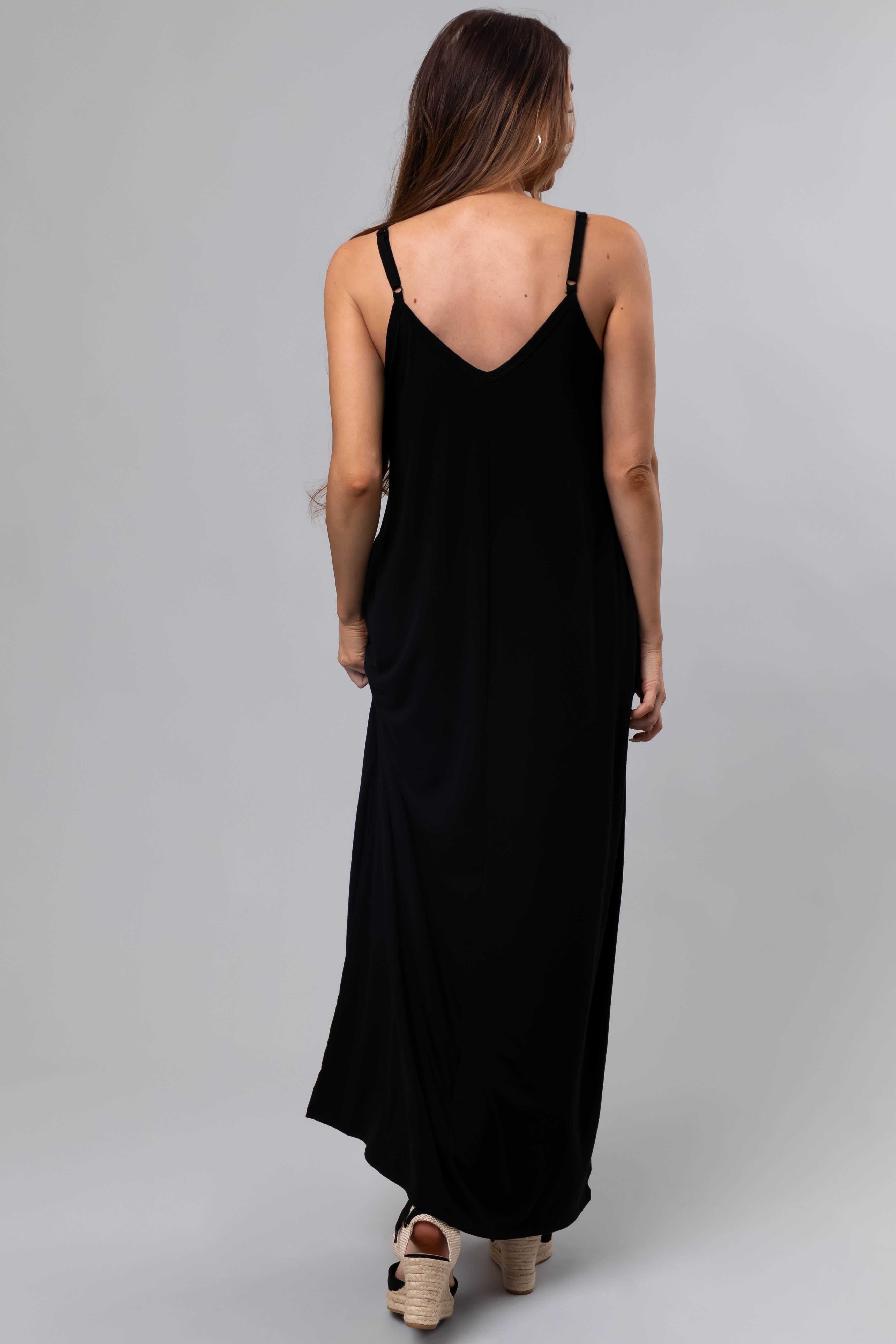 Black Sleeveless Knit Maxi Dress with Pockets