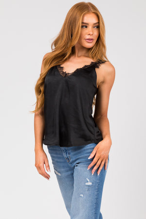 Black Sleeveless Lace Trim V Neck Cami Top