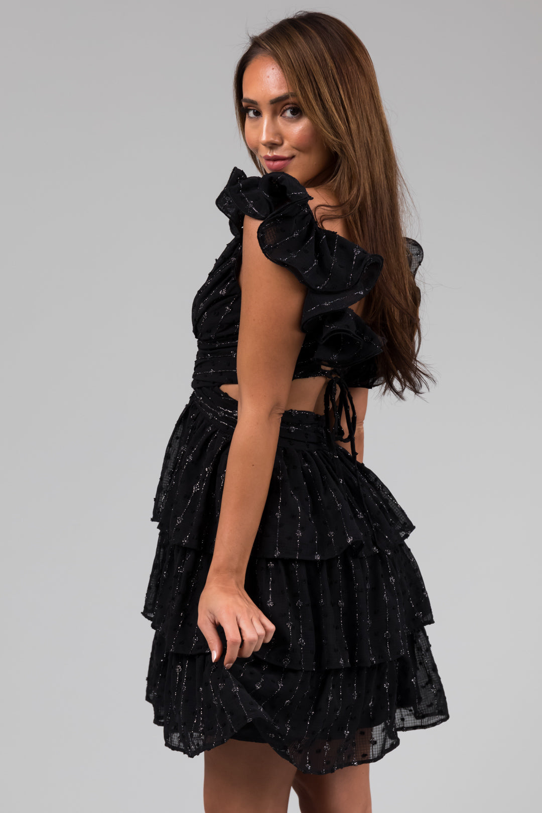 Black Sleeveless Open Back Ruffle Mini Dress