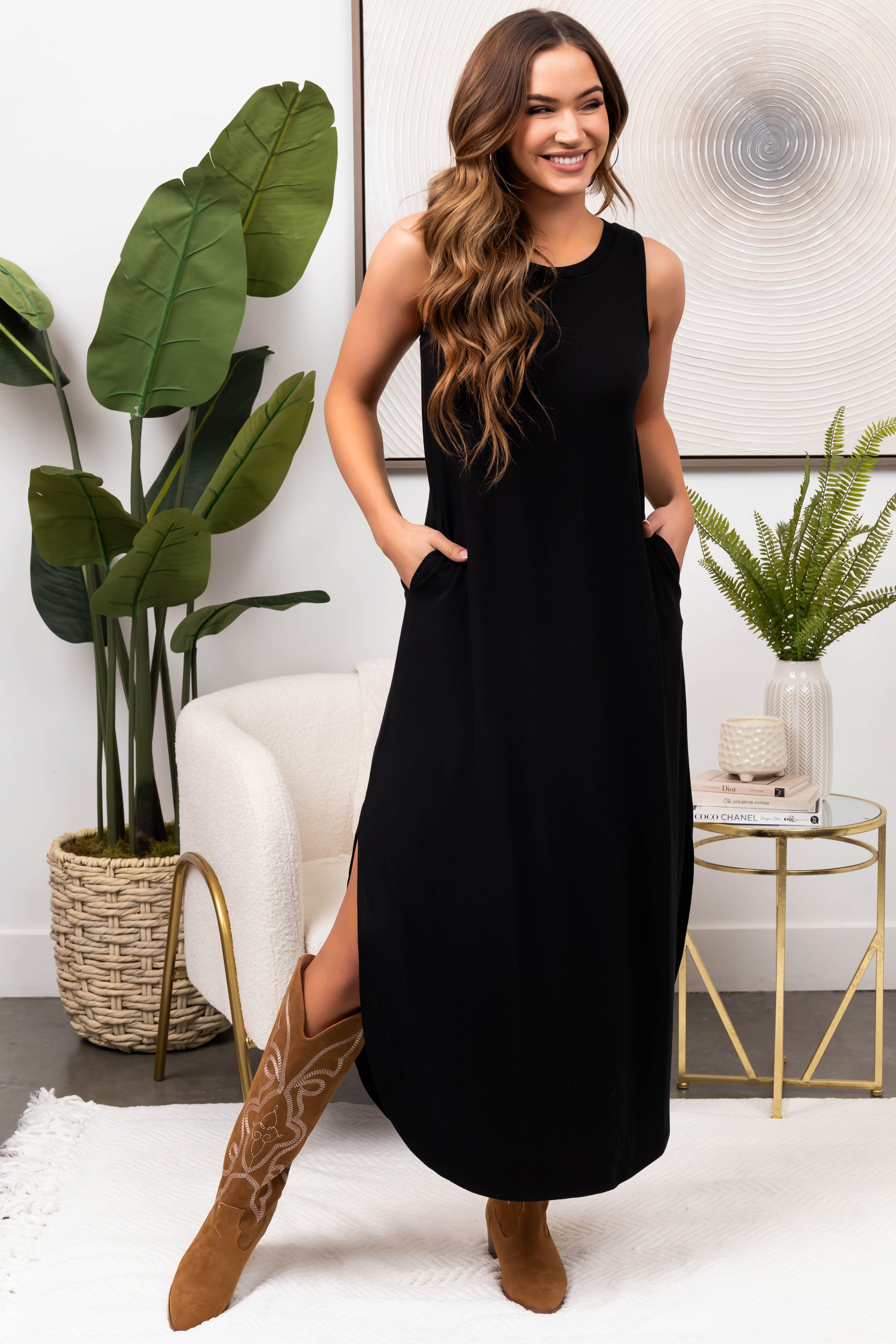 Black Sleeveless Side Slits Loose Maxi Dress | Lime Lush