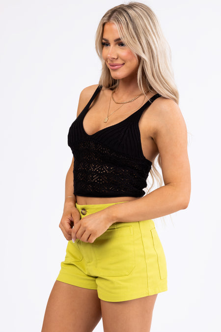 Black Sleeveless V Neck Cut Out Knit Crop Top