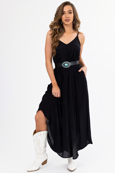 Black Sleeveless V Neck Textured Maxi Dress