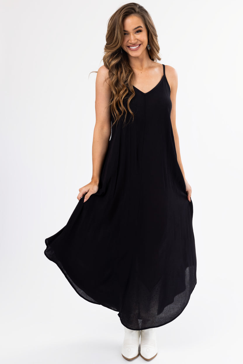 Black Sleeveless V Neck Textured Maxi Dress