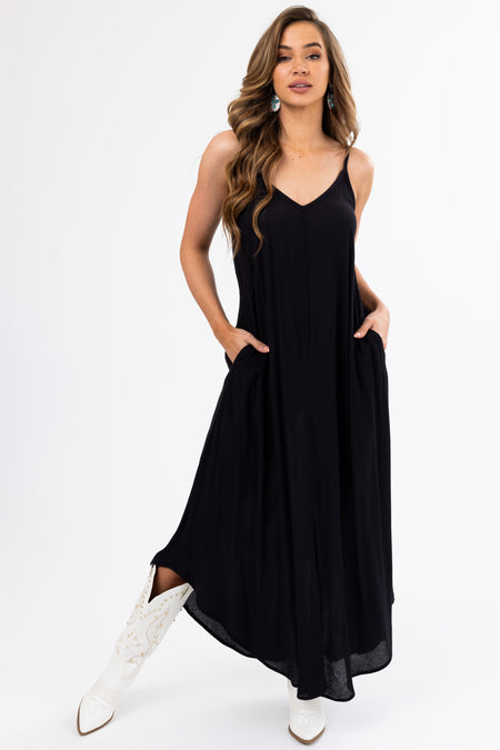 Black Sleeveless V Neck Textured Maxi Dress