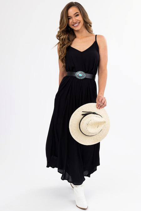 Black Sleeveless V Neck Textured Maxi Dress