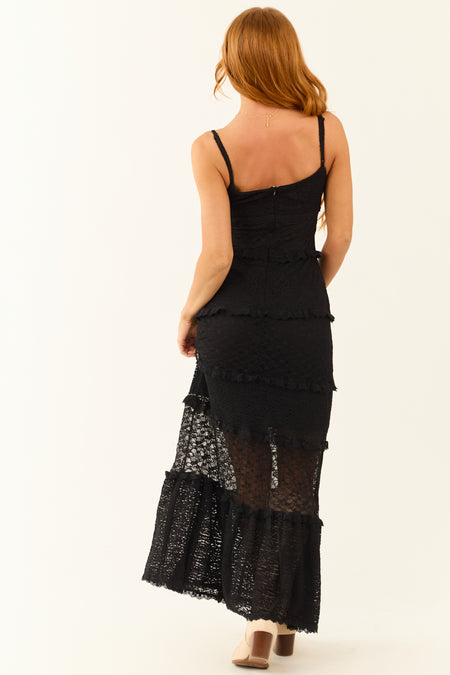 Black Sleeveless V Neck Tiered Lace Maxi Dress