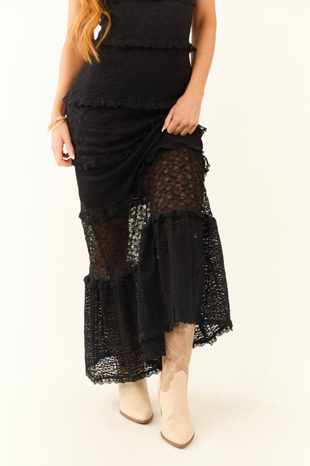 Black Sleeveless V Neck Tiered Lace Maxi Dress