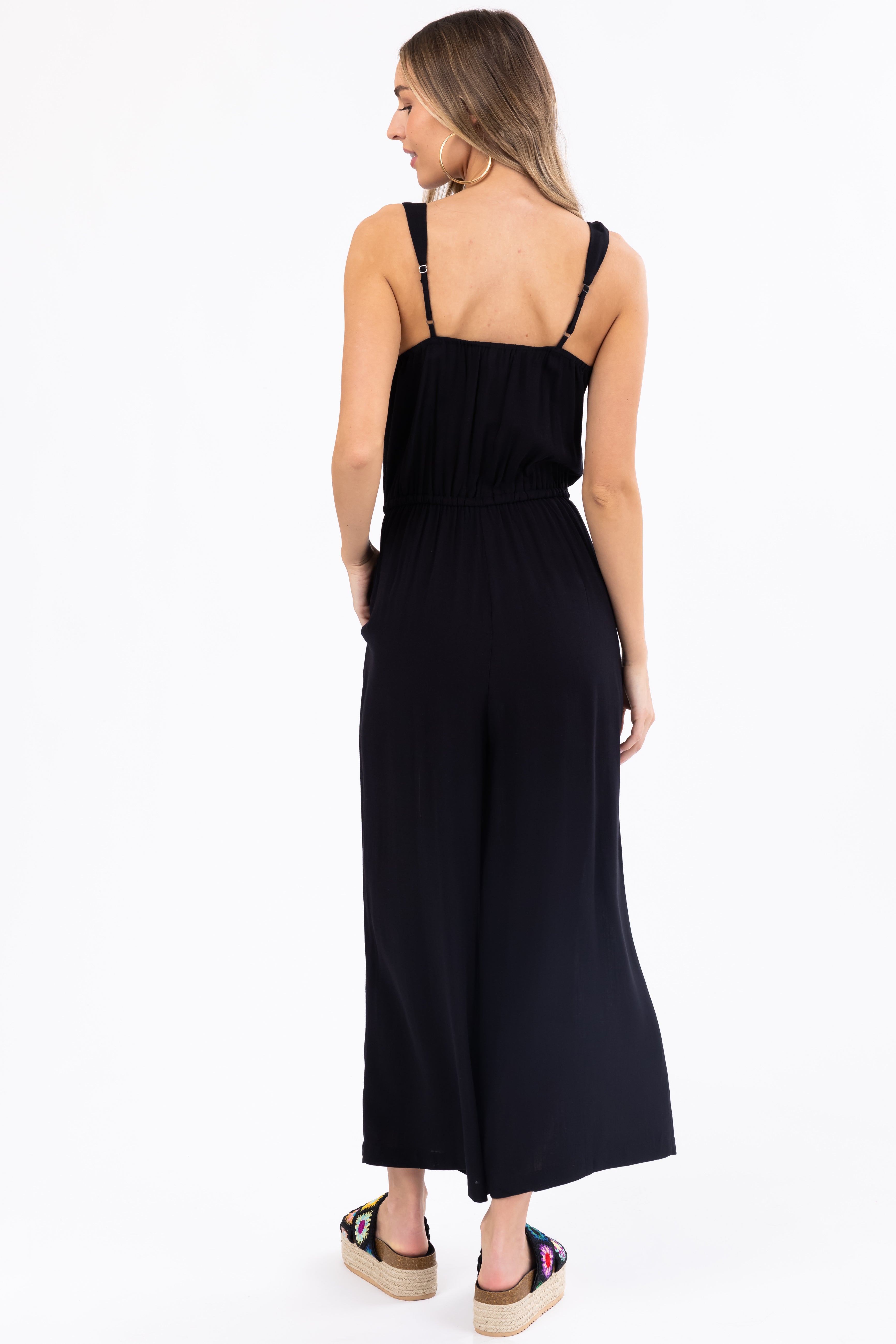 Black Sleeveless Waist Tie Wide Leg Jumpsuit