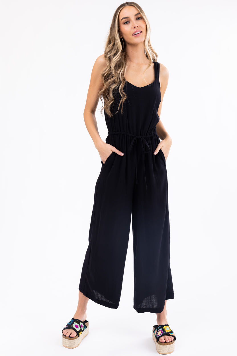 Black Sleeveless Waist Tie Wide Leg Jumpsuit