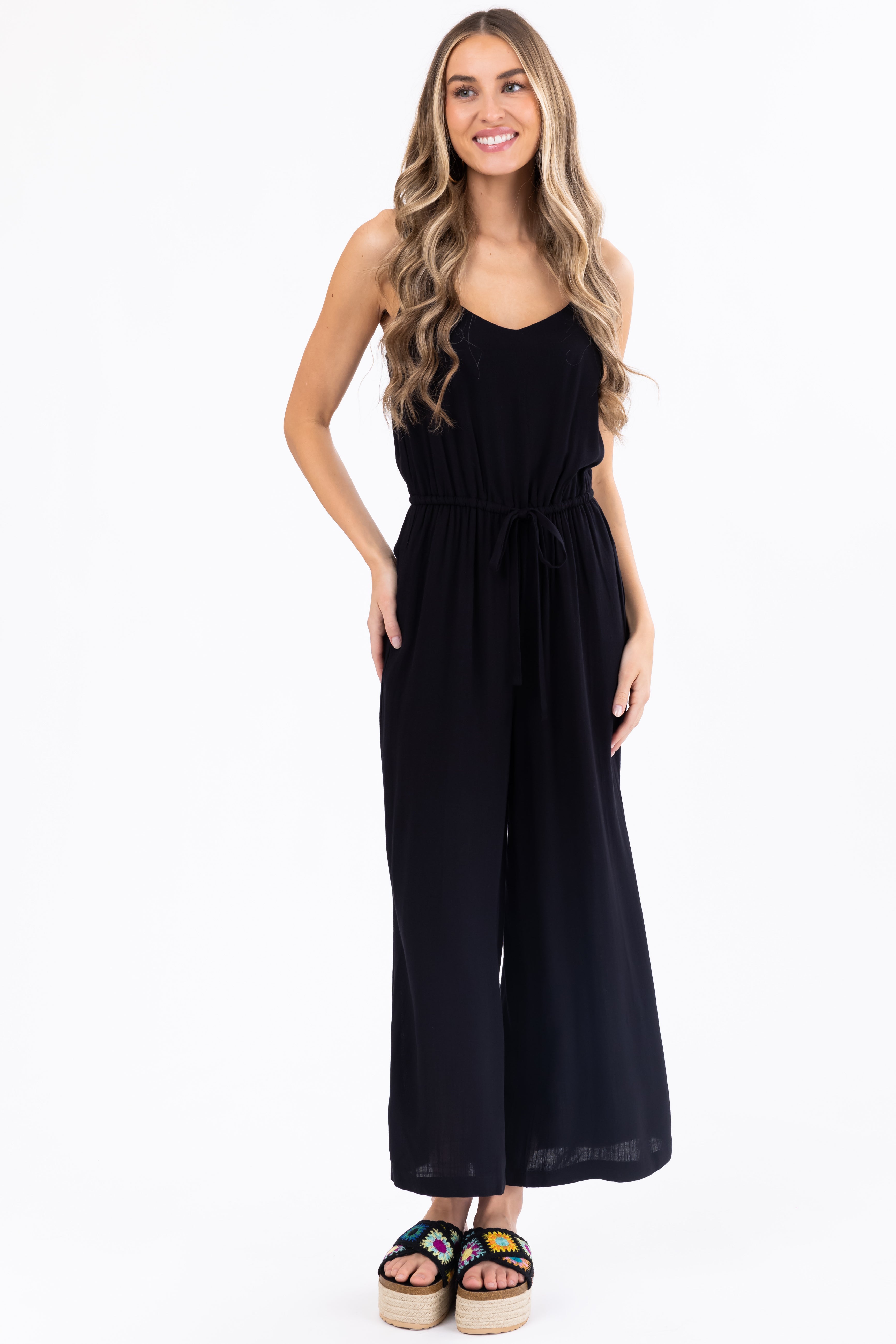 Black Sleeveless Waist Tie Wide Leg Jumpsuit