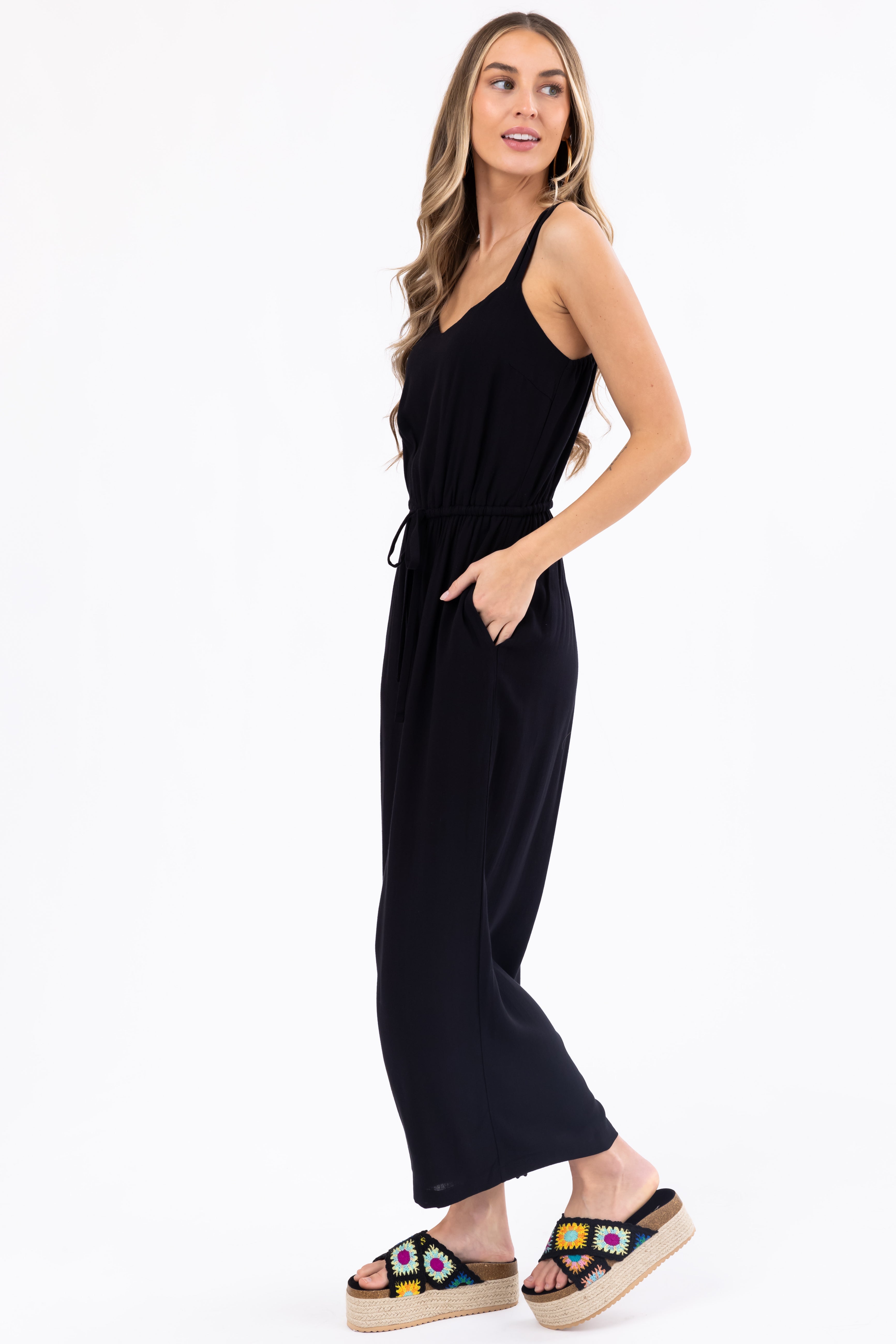 Black Sleeveless Waist Tie Wide Leg Jumpsuit