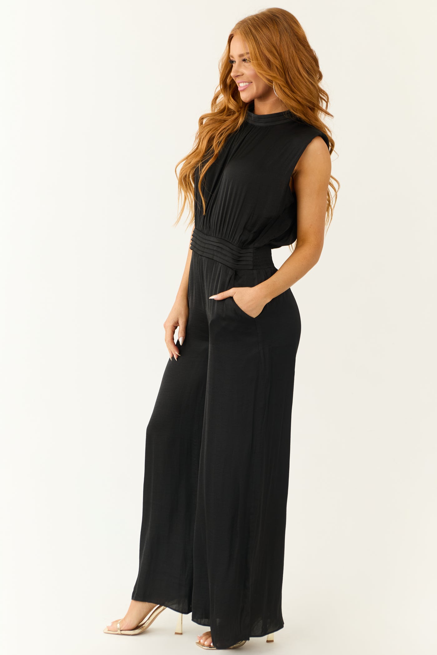 Black Sleeveless Wide Leg Silky Jumpsuit