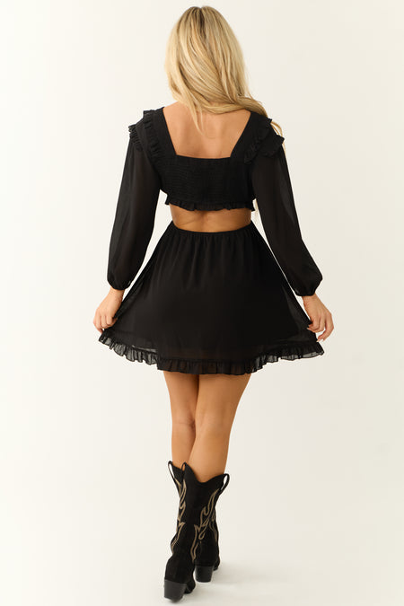 Black Smocked Ruffle Long Sleeve Mini Dress