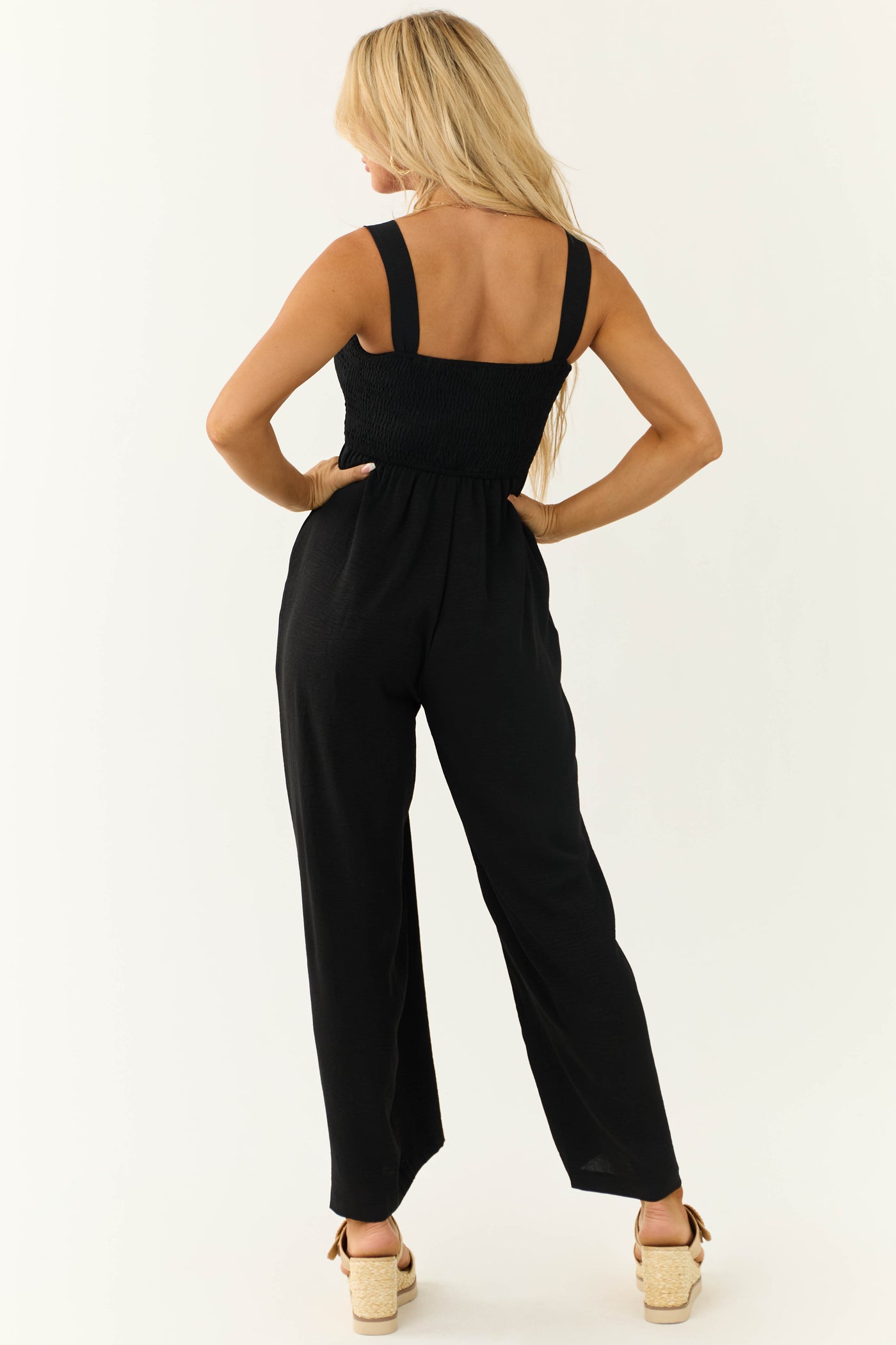 Black Smocked Sleeveless Wide Leg Jumpsuit