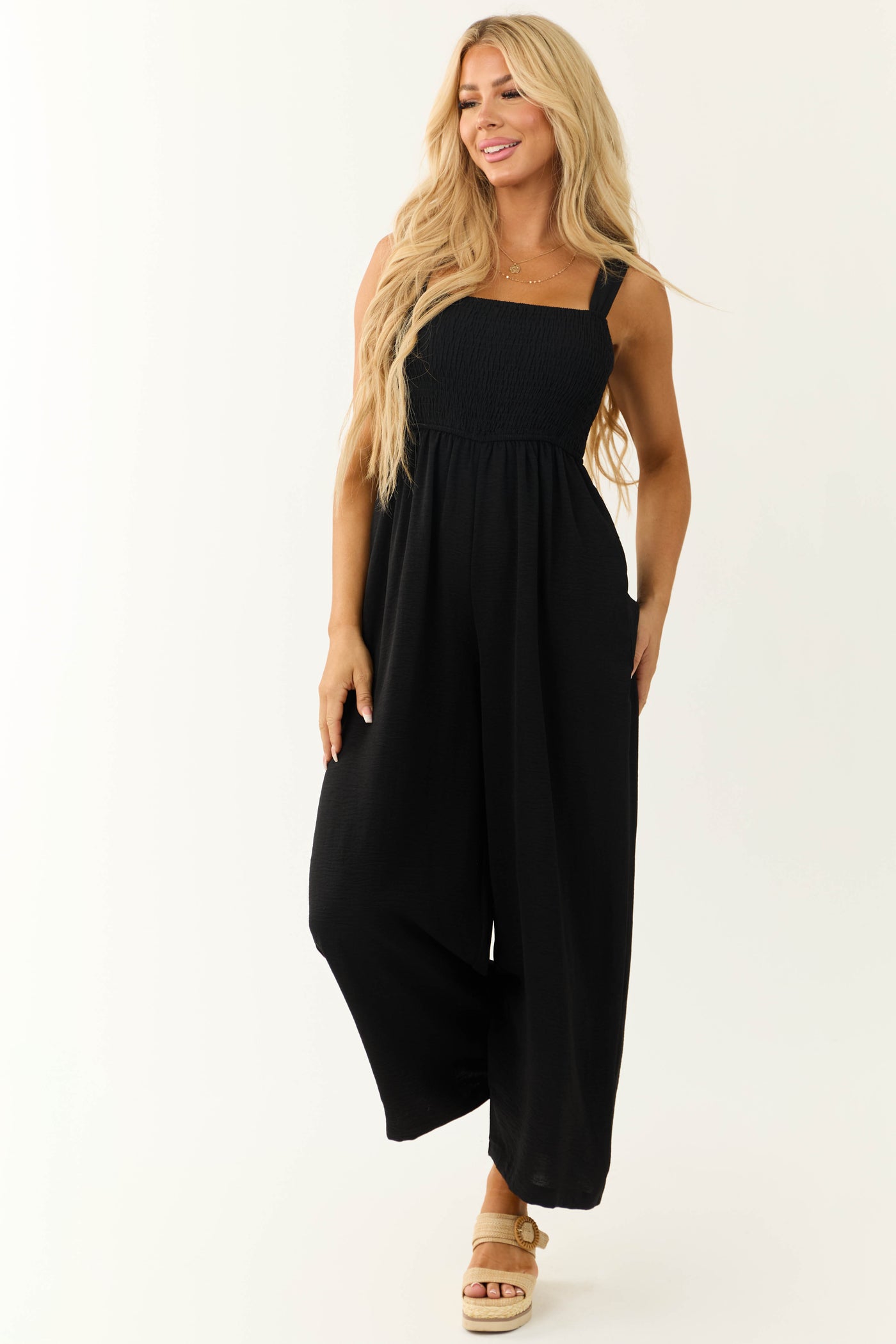 Black Smocked Sleeveless Wide Leg Jumpsuit