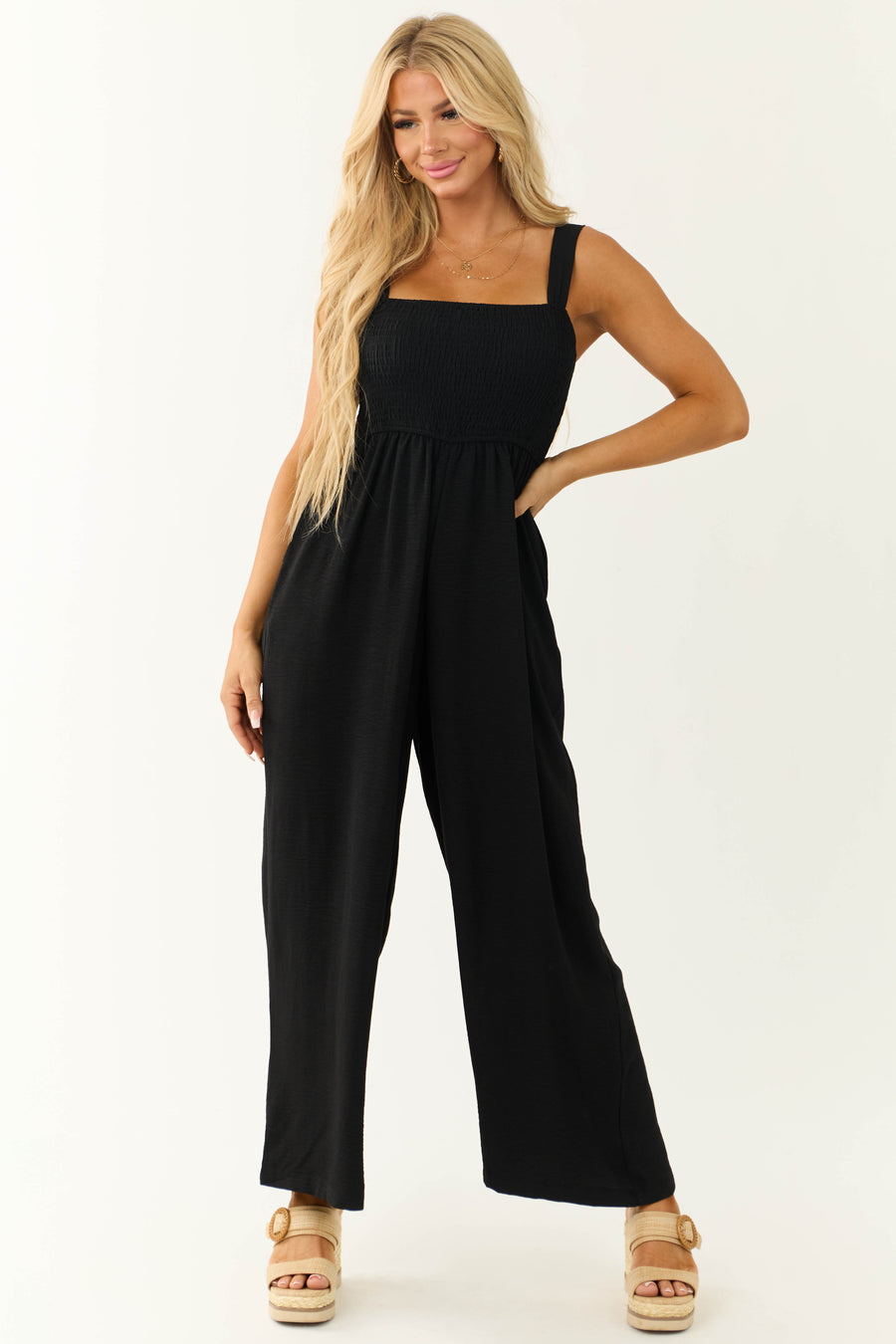 Black Smocked Sleeveless Wide Leg Jumpsuit