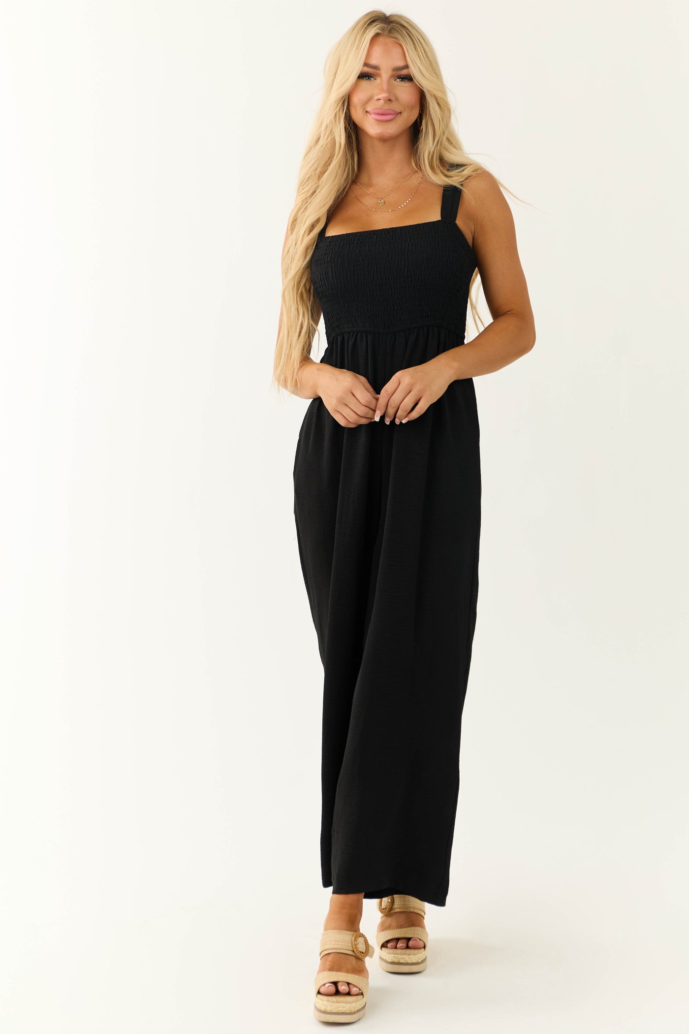 Black Smocked Sleeveless Wide Leg Jumpsuit