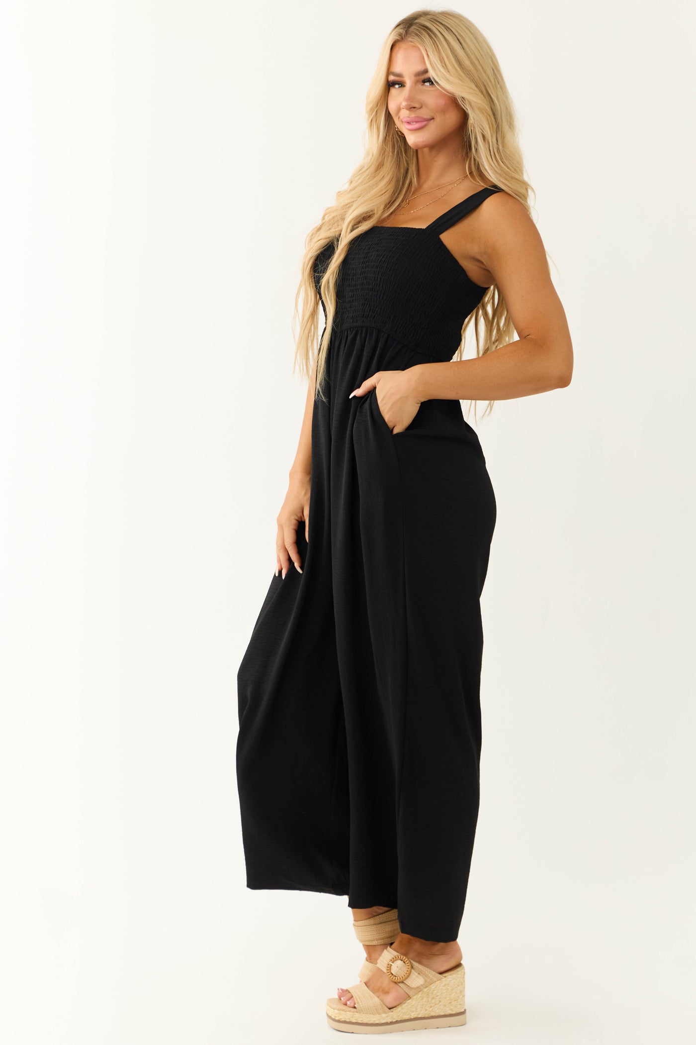 Black Smocked Sleeveless Wide Leg Jumpsuit