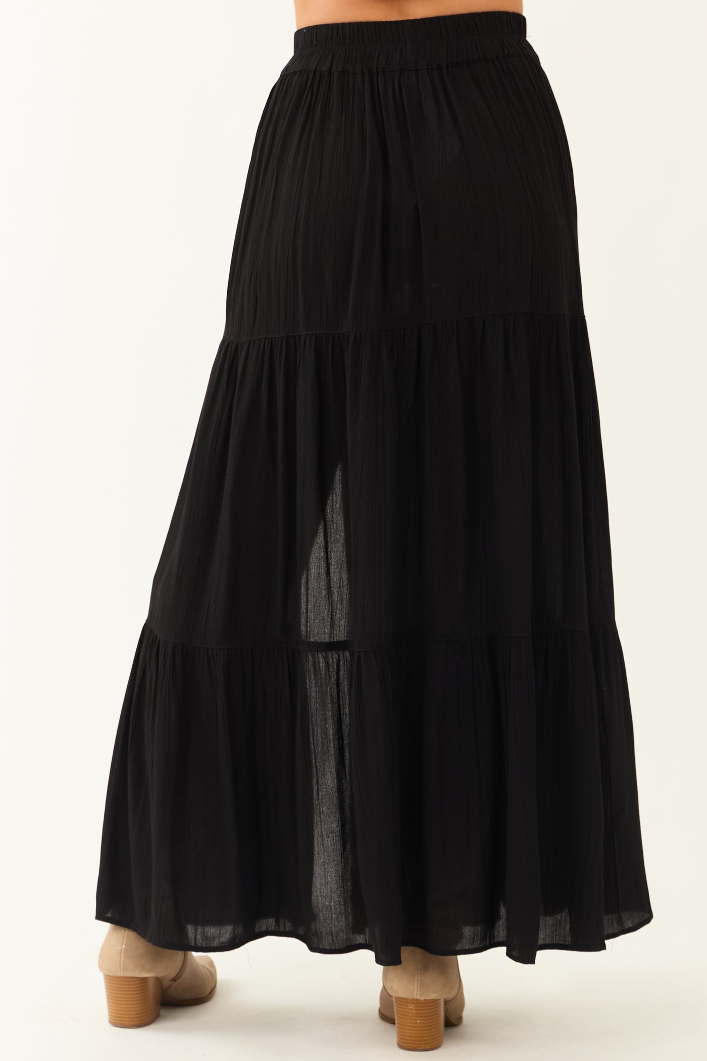 Black Smocked Waist Side Slit Tiered Maxi Skirt