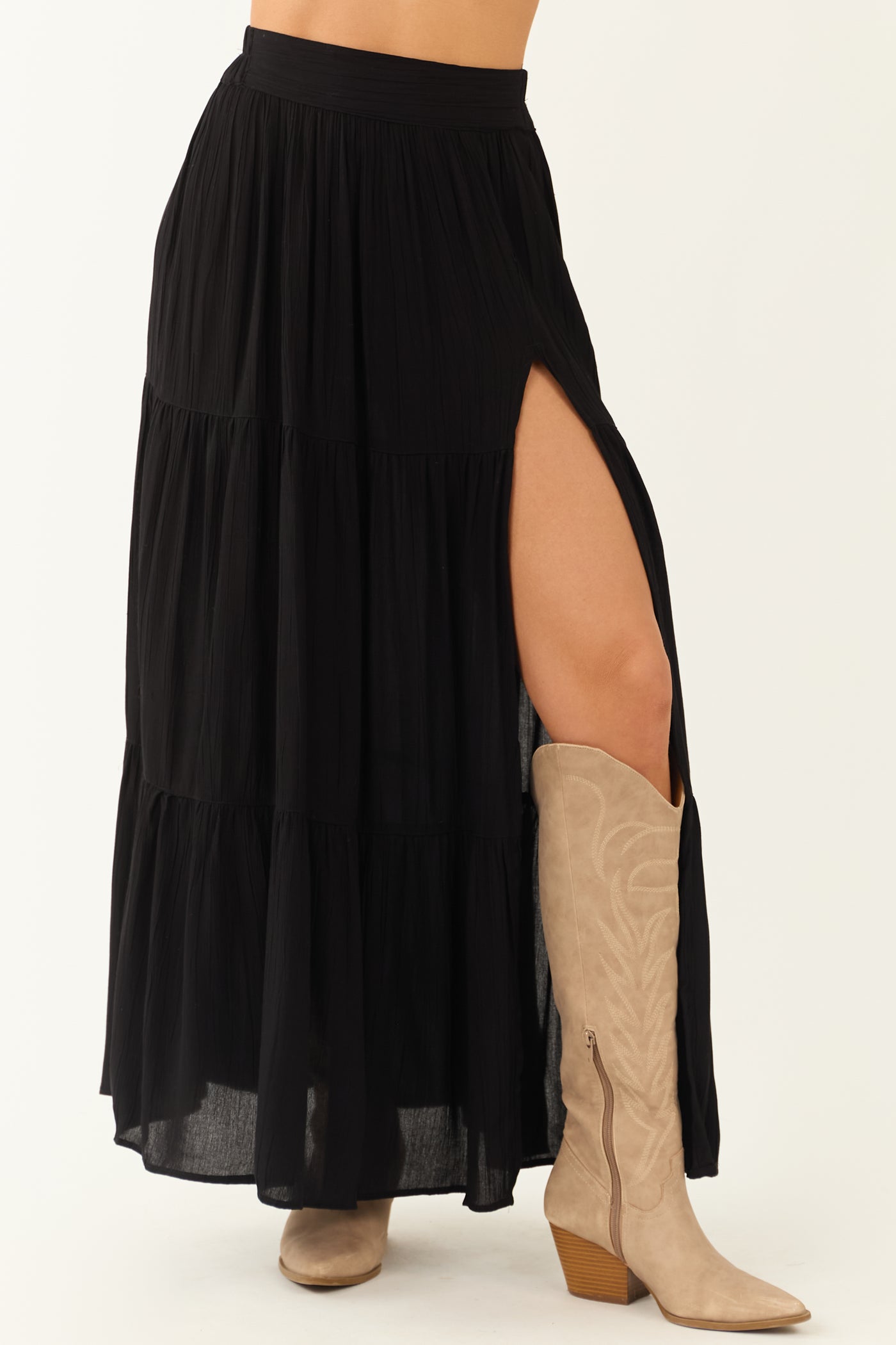 Black Smocked Waist Side Slit Tiered Maxi Skirt