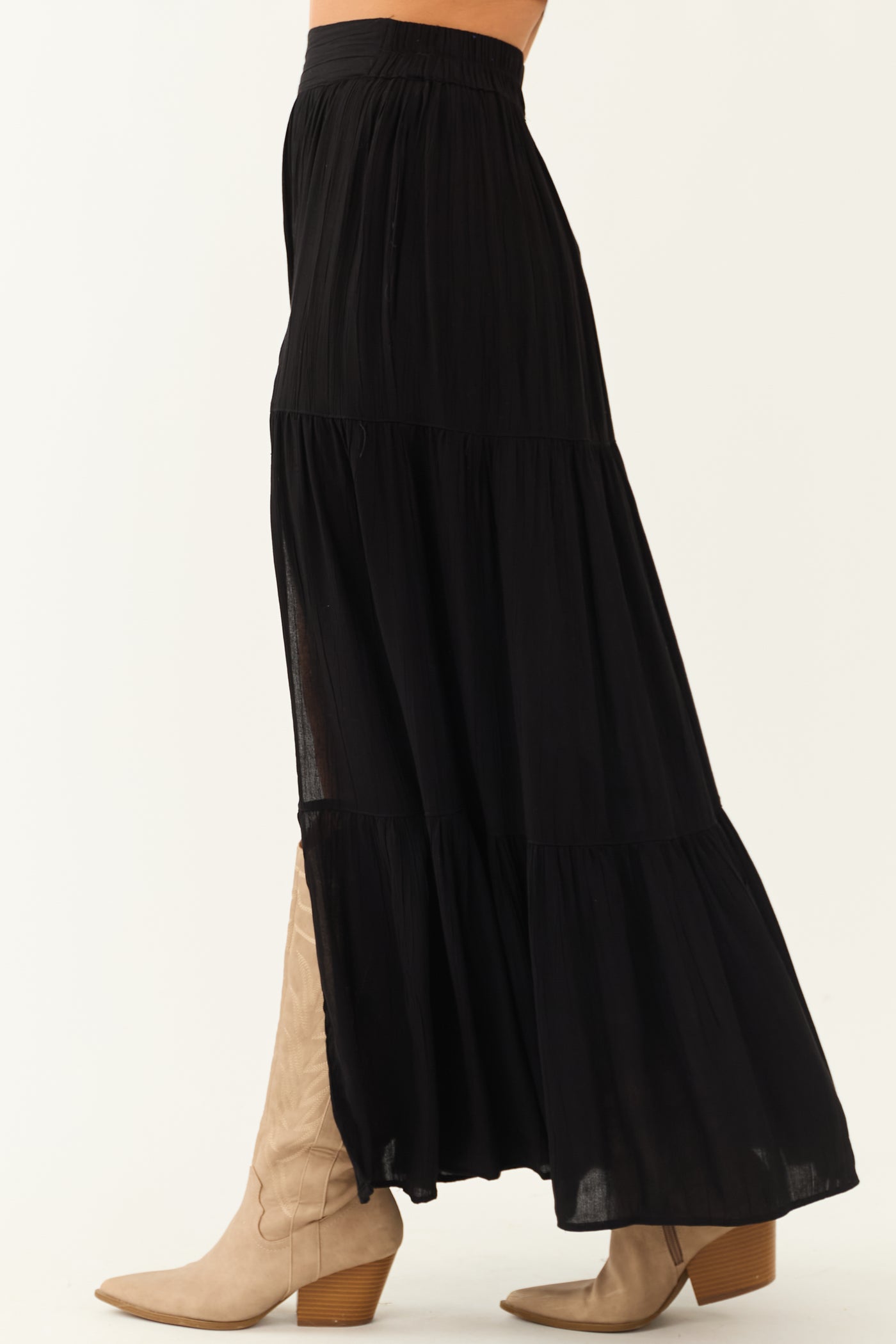 Black Smocked Waist Side Slit Tiered Maxi Skirt