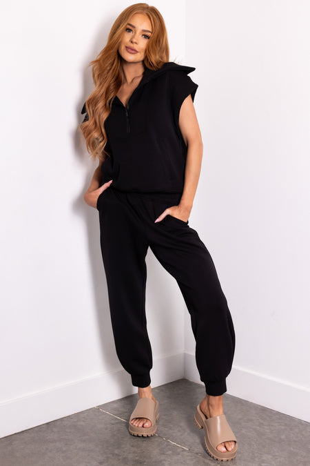 Black Smocked Waistband Soft Knit Joggers