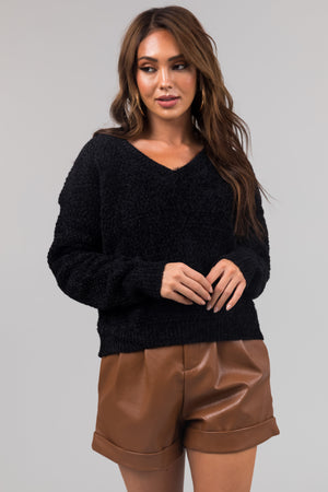 Black Soft Chenille V Neck Sweater