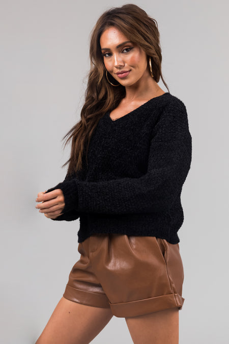 Black Soft Chenille V Neck Sweater