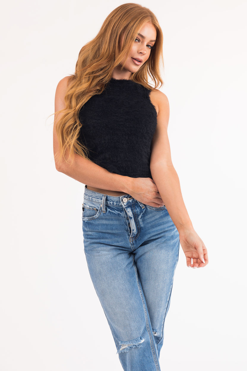 Black Soft Faux Fur Sleeveless Knit Top