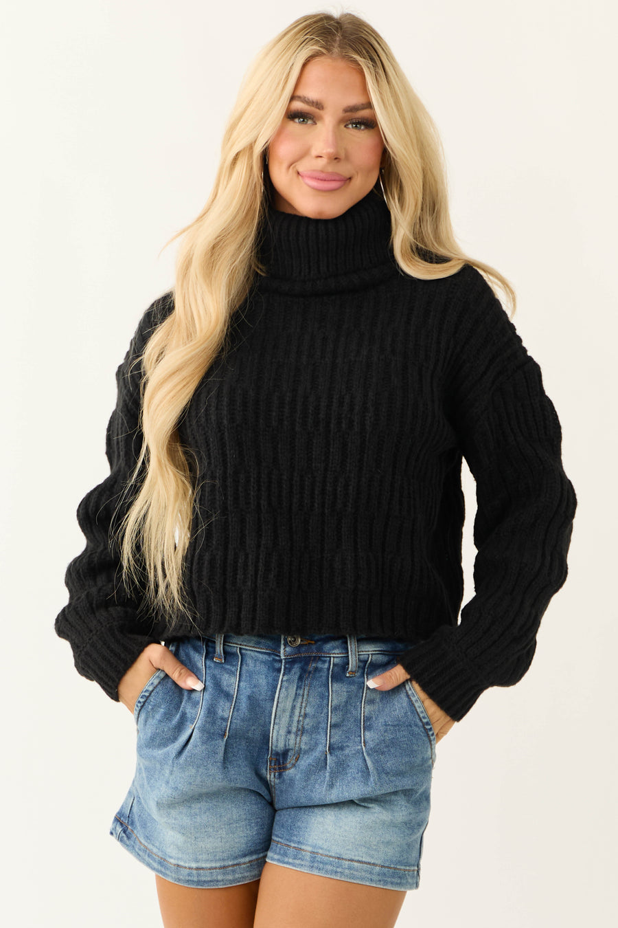 Black Soft Knit Textured Turtleneck Sweater