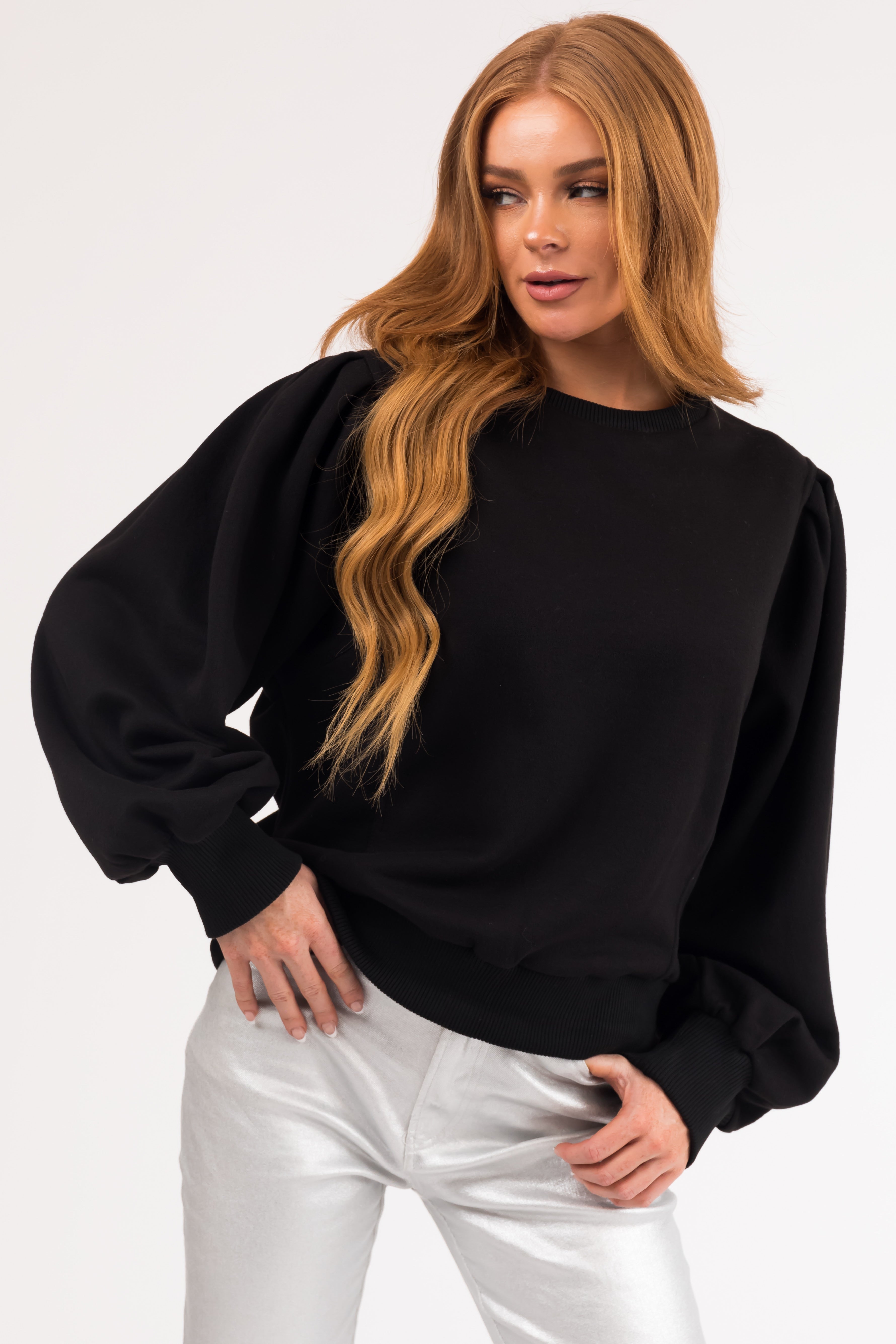 Black Soft Pullover with Balloon Sleeves