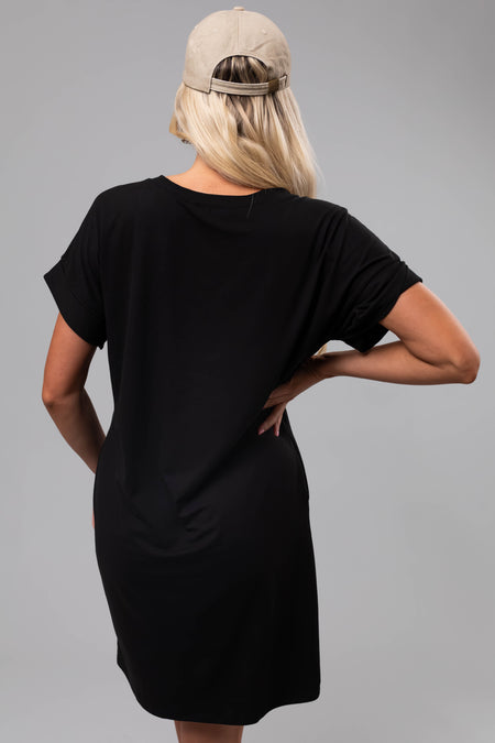 Black Soft V Neck Short Sleeve Mini Dress