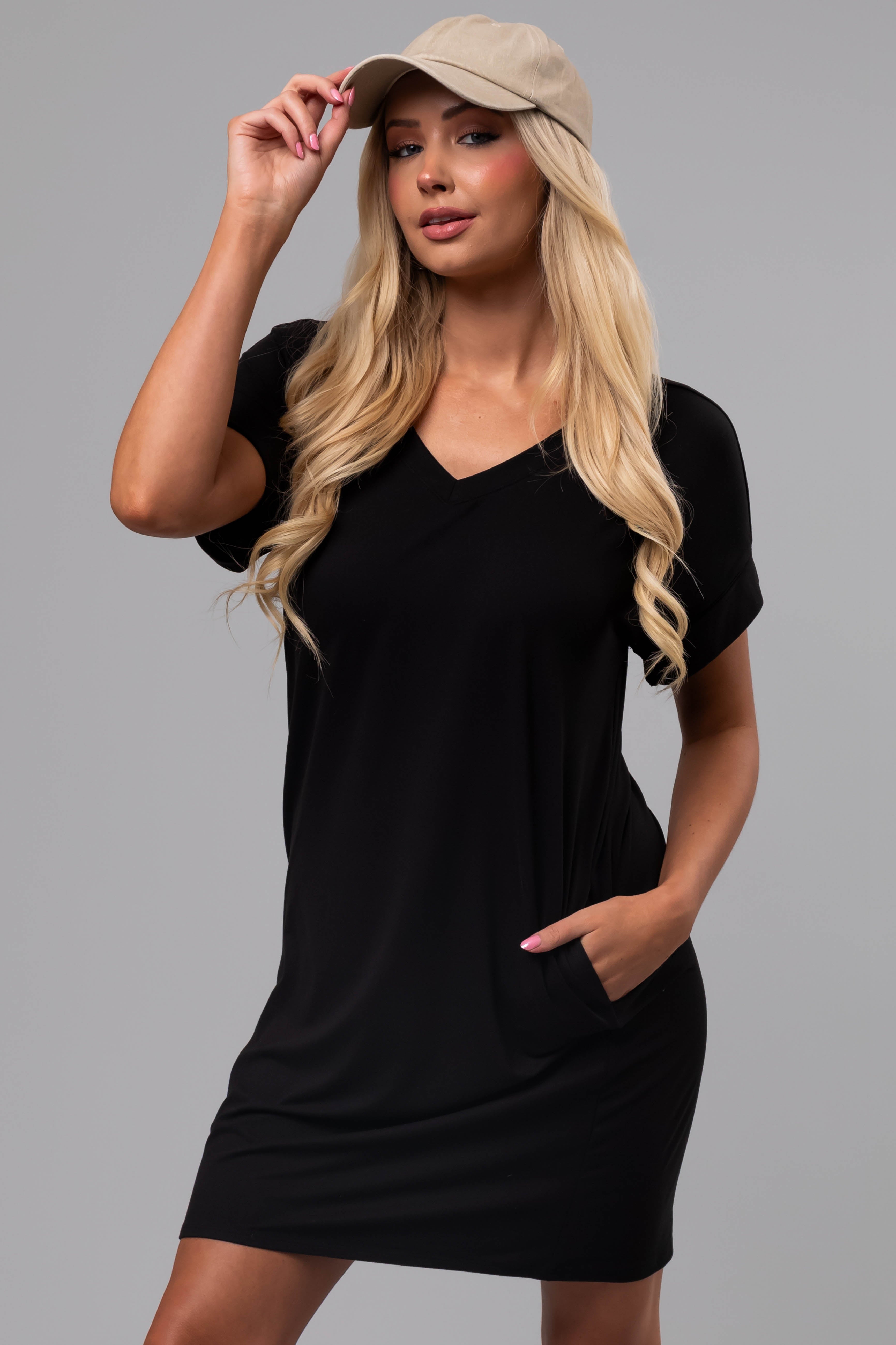 Black Soft V Neck Short Sleeve Mini Dress | Lime Lush Boutique