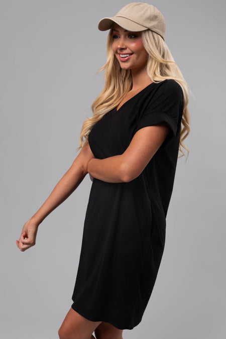 Black Soft V Neck Short Sleeve Mini Dress