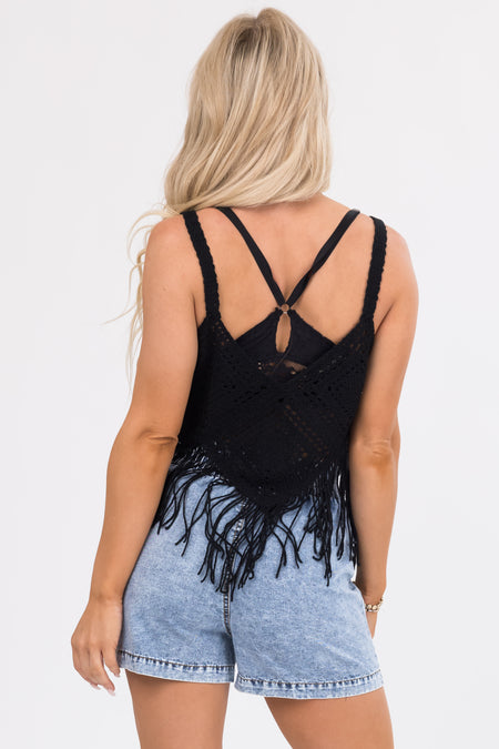 Black Solid Crochet Fringe Tank Top