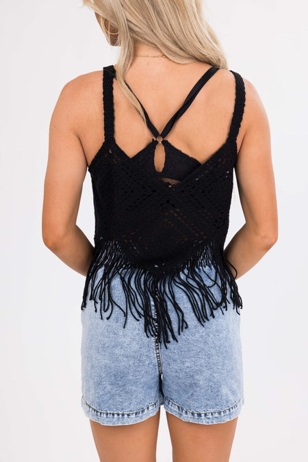 Black Solid Crochet Fringe Tank Top