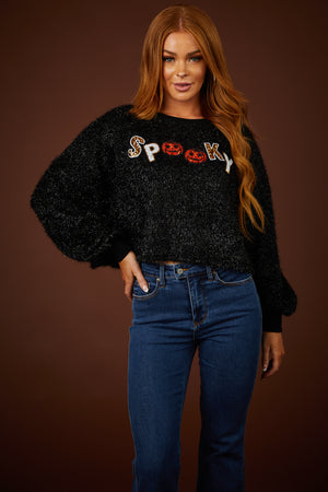 Black 'Spooky' Tencel Knit Graphic Cropped Sweater