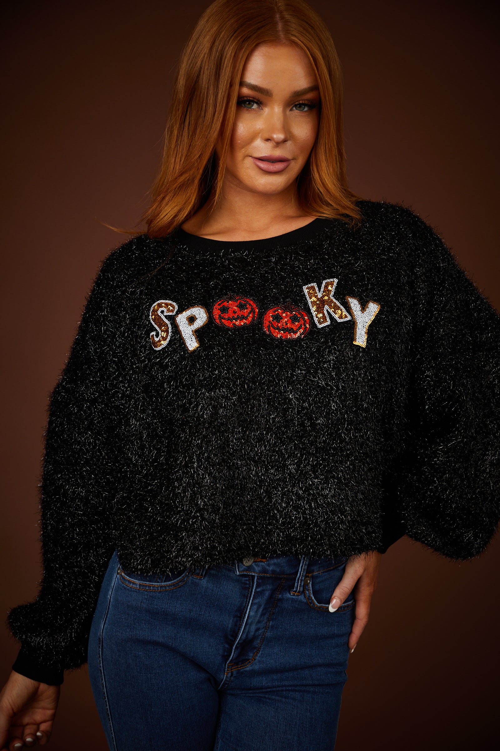 Black 'Spooky' Tencel Knit Graphic Cropped Sweater