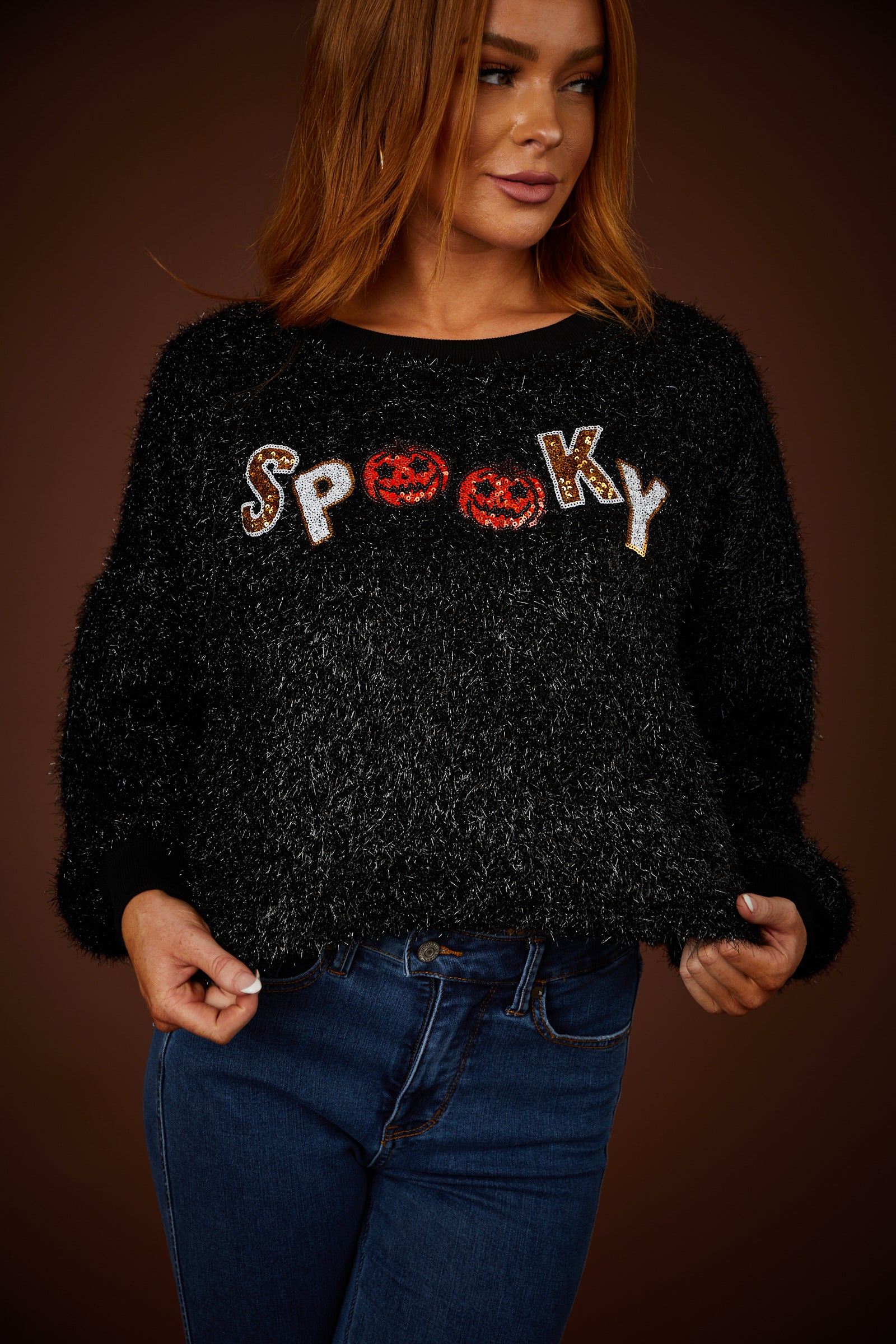 Black 'Spooky' Tencel Knit Graphic Cropped Sweater