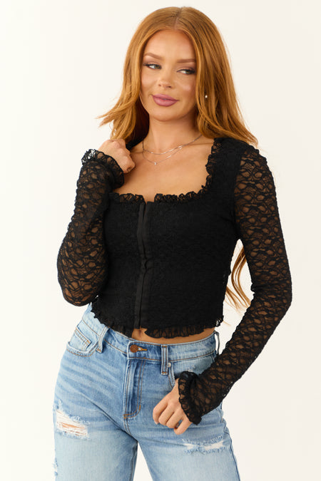 Black Square Neck Lace Fitted Corset Top