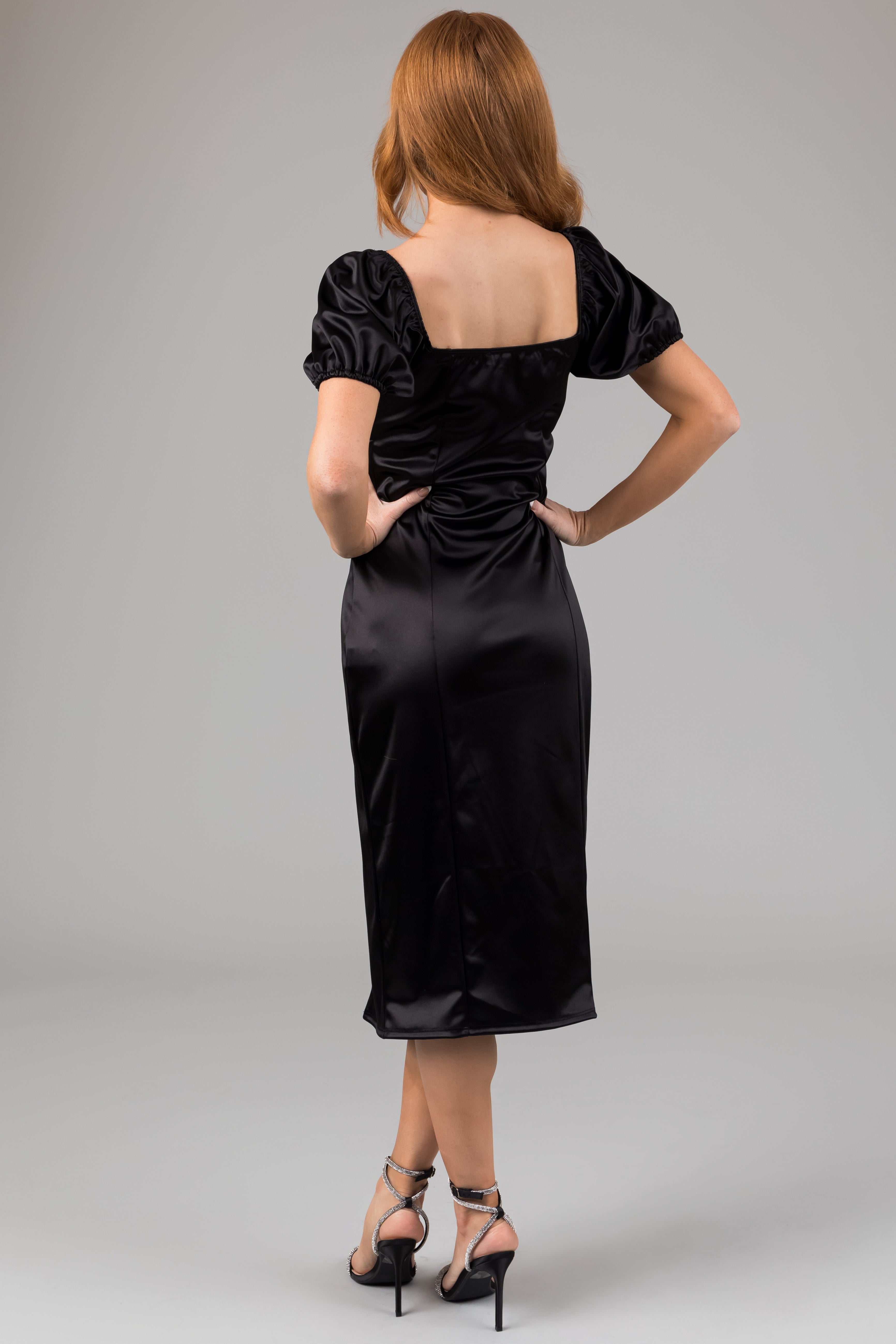 Black Square Neck Puff Sleeve Satin Midi Dress