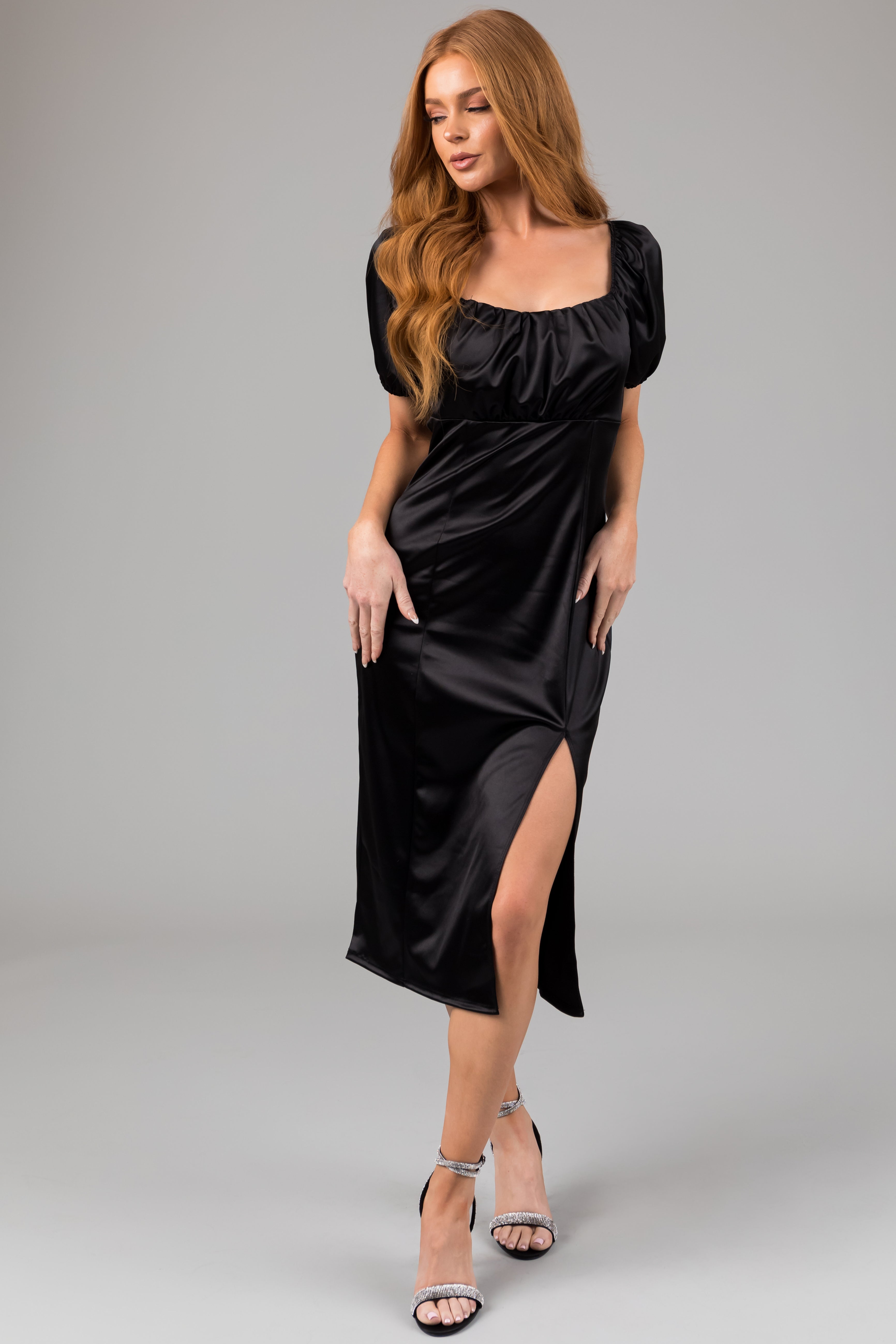 Black Square Neck Puff Sleeve Satin Midi Dress