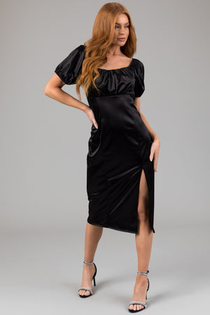 Black Square Neck Puff Sleeve Satin Midi Dress