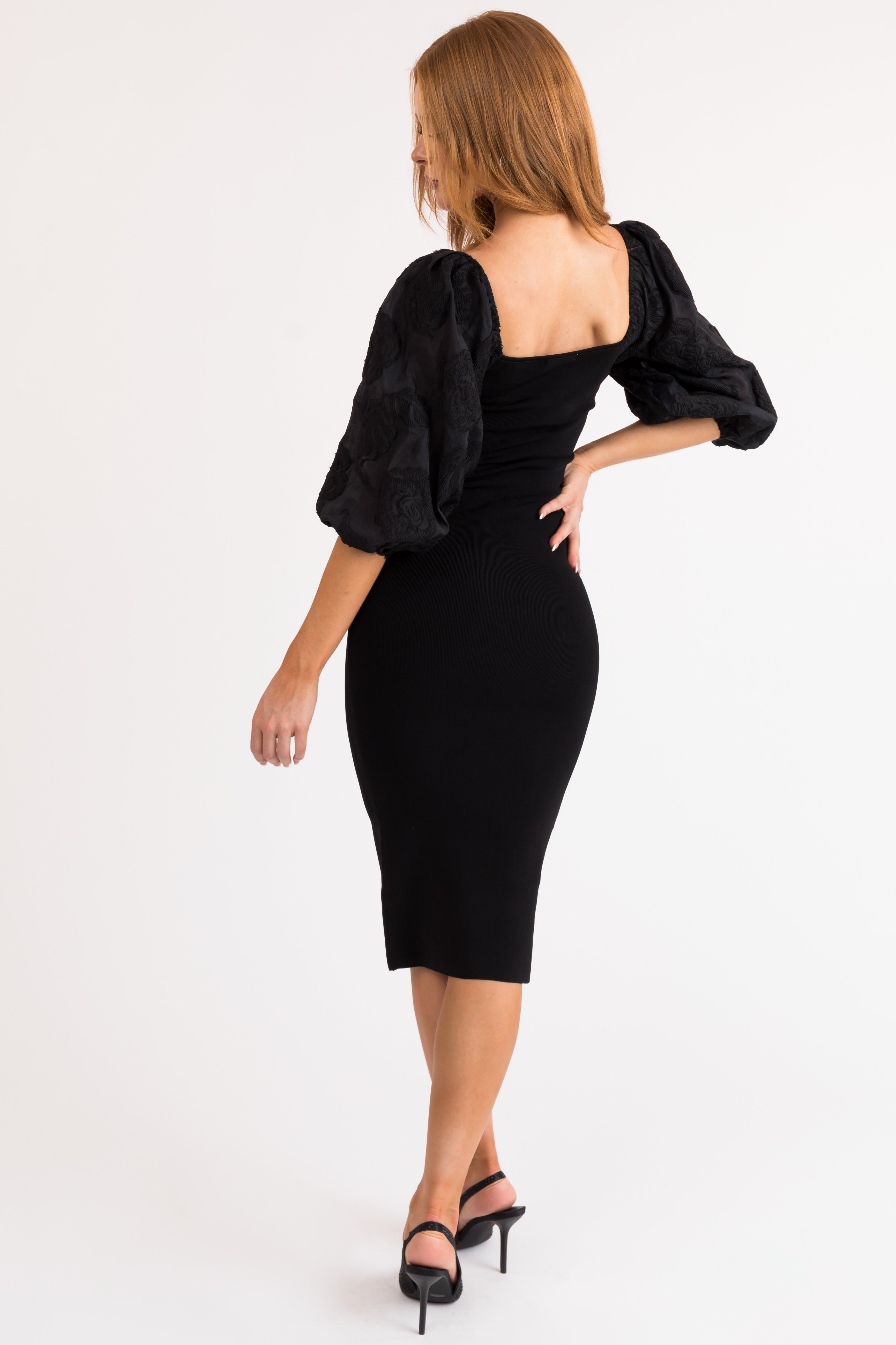 Black Square Neck Puffy Sleeve Bodycon Midi Dress