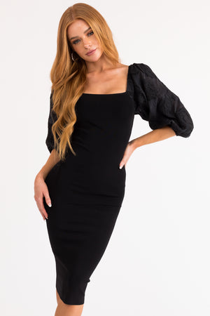 Black Square Neck Puffy Sleeve Bodycon Midi Dress