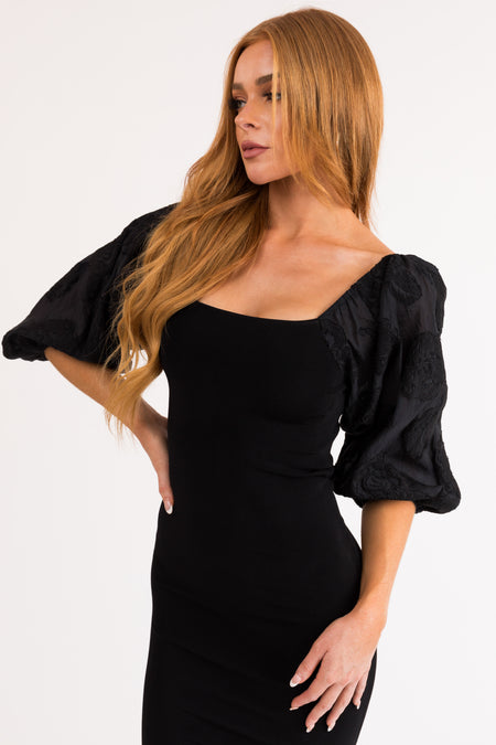 Black Square Neck Puffy Sleeve Bodycon Midi Dress